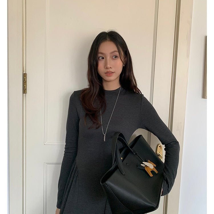 Minimalist Mock Neck Knit Maxi Dress | Relaxed Fit Base Layer Dress(MA336) - Mariam's Collection