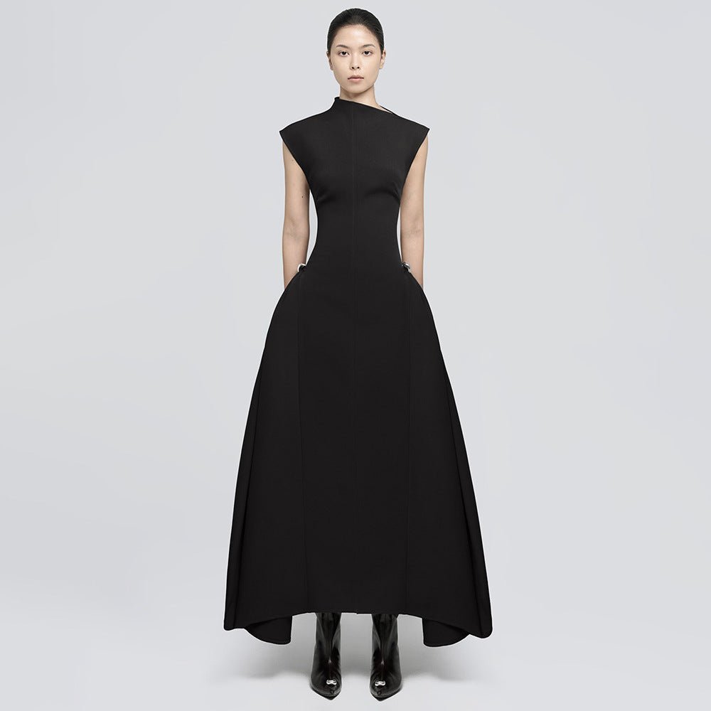 Minimalist Sleeveless Fitted Maxi Dress — Architectural Asymmetric Modest Gown