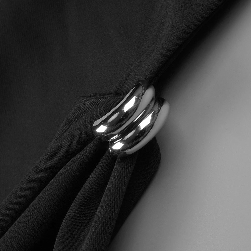 Black modest gown with clean lines and modern asymmetric silhouette