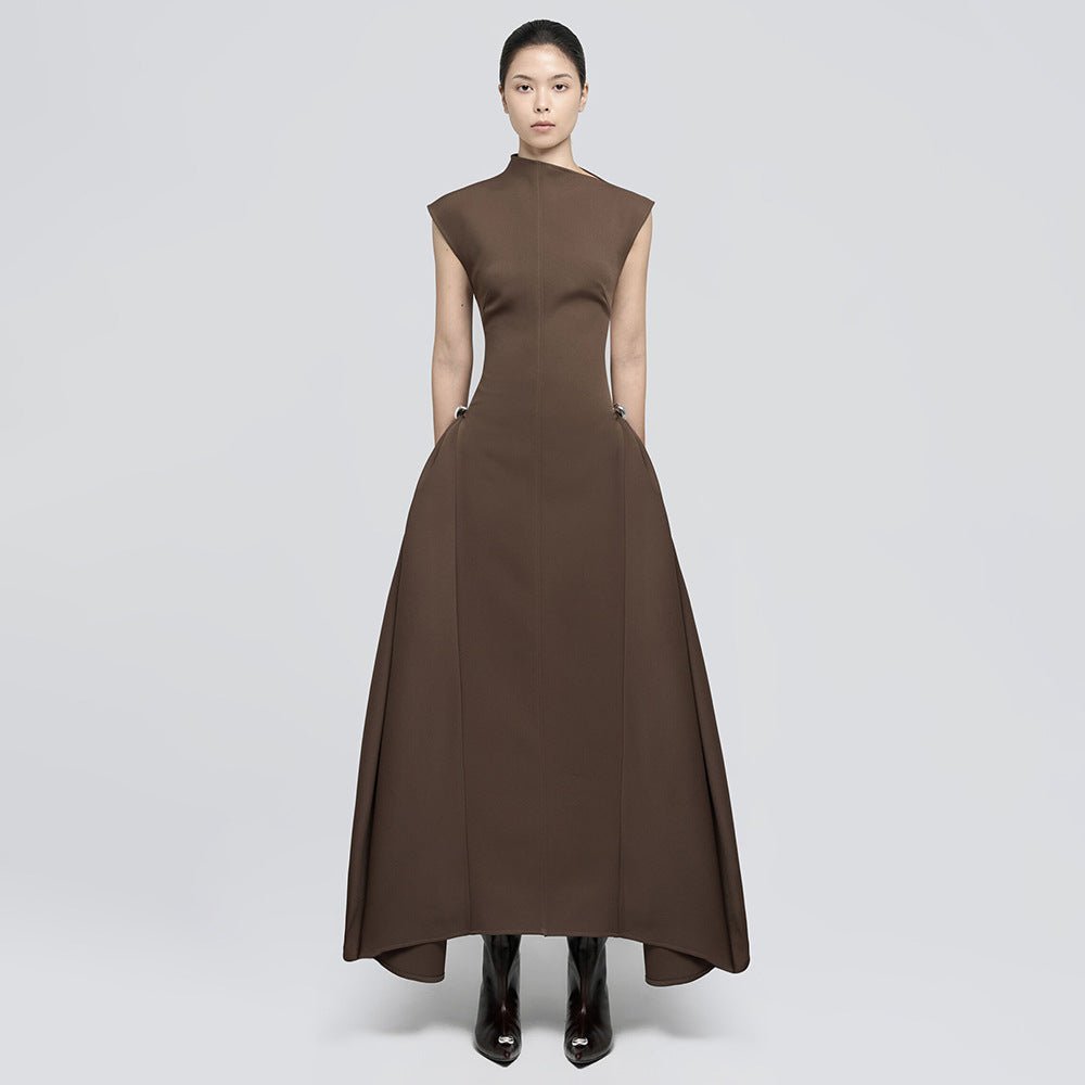 Minimalist Sleeveless Fitted Maxi Dress — Architectural Asymmetric Modest Gown