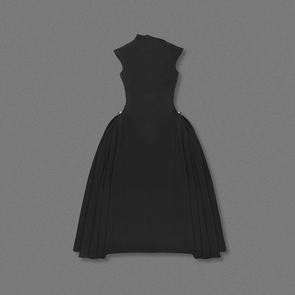 Sleeveless modest gown with architectural asymmetric design detail