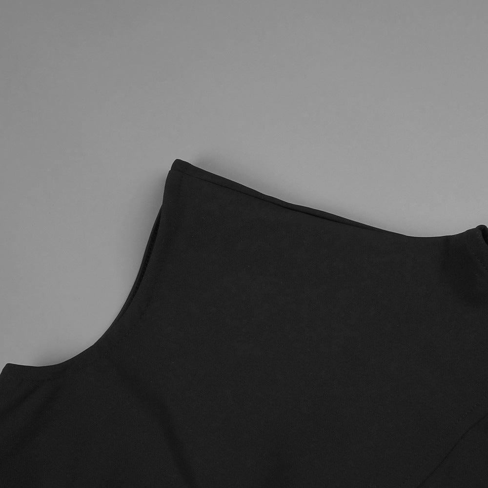 Minimalist architectural dress with fitted bodice and elegant hemline