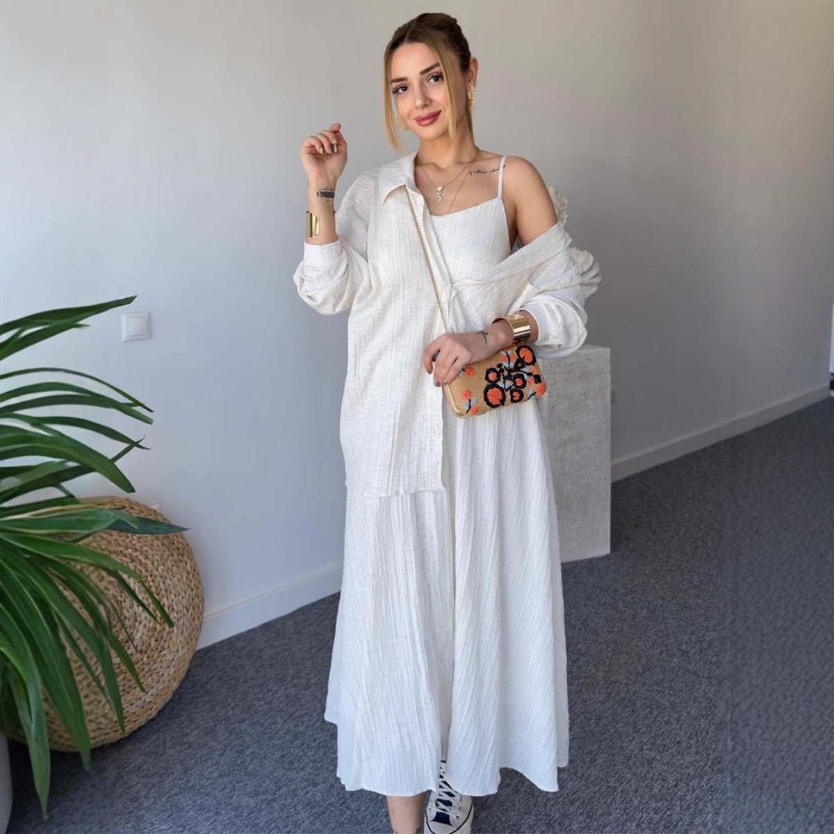 Minimalist White Casual Elegance Wrinkle - Texture Two - Piece Set . (MS091) - Mariam's Collection