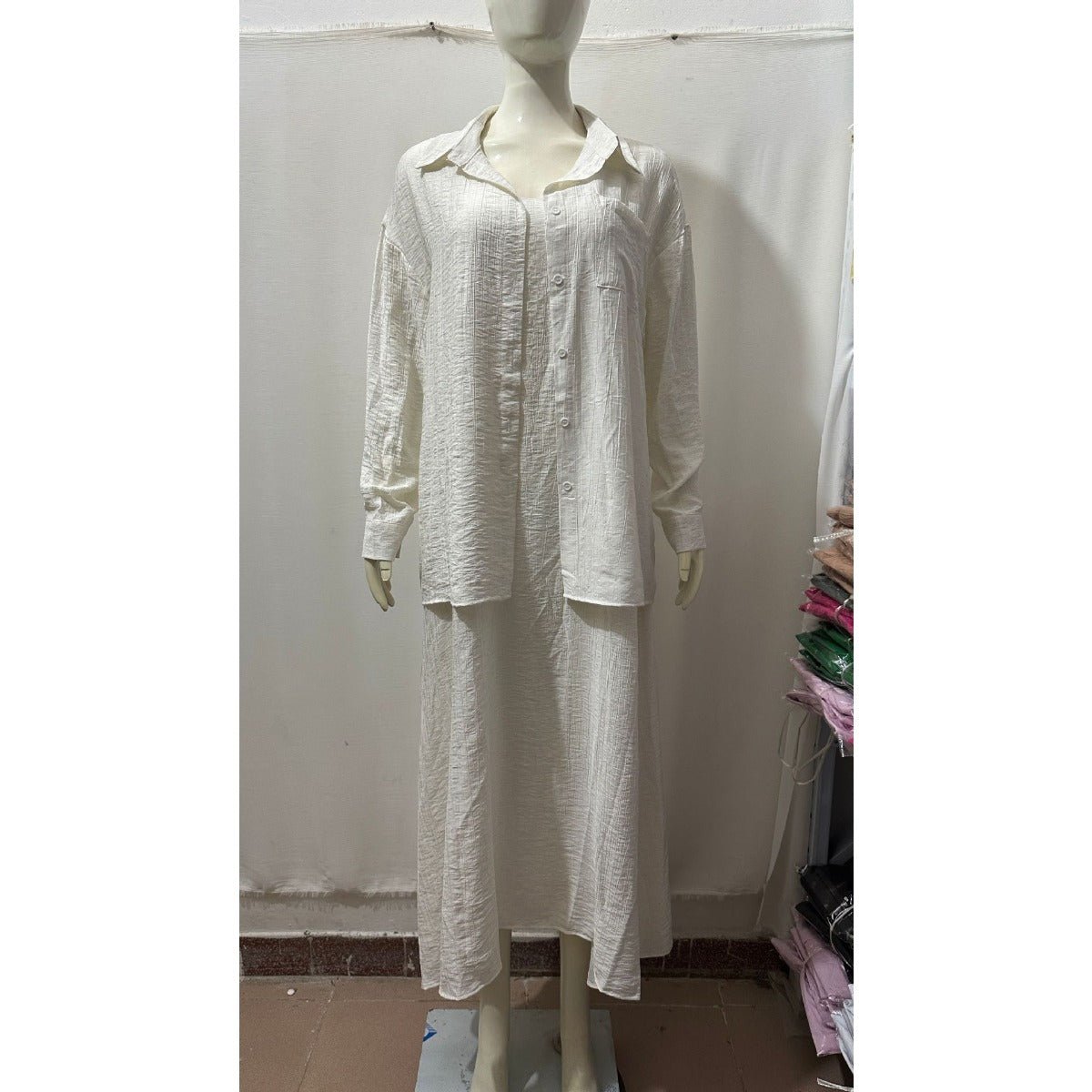 Minimalist White Casual Elegance Wrinkle - Texture Two - Piece Set . (MS091) - Mariam's Collection