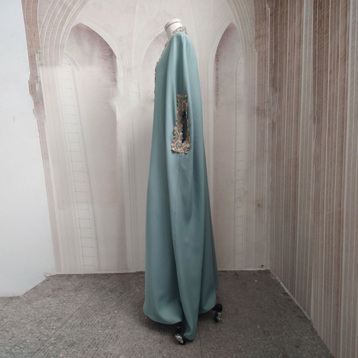 Mint Gold Bell Sleeve Abaya & Robe | Formal Muslim Luxury Two - Piece. (MOA177) - Mariam's Collection