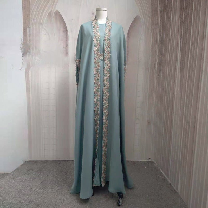 Mint Gold Bell Sleeve Abaya & Robe | Formal Muslim Luxury Two - Piece. (MOA177) - Mariam's Collection