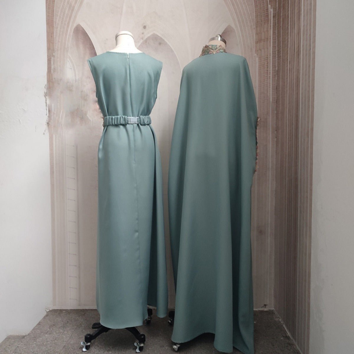 Mint Gold Bell Sleeve Abaya & Robe | Formal Muslim Luxury Two - Piece. (MOA177) - Mariam's Collection