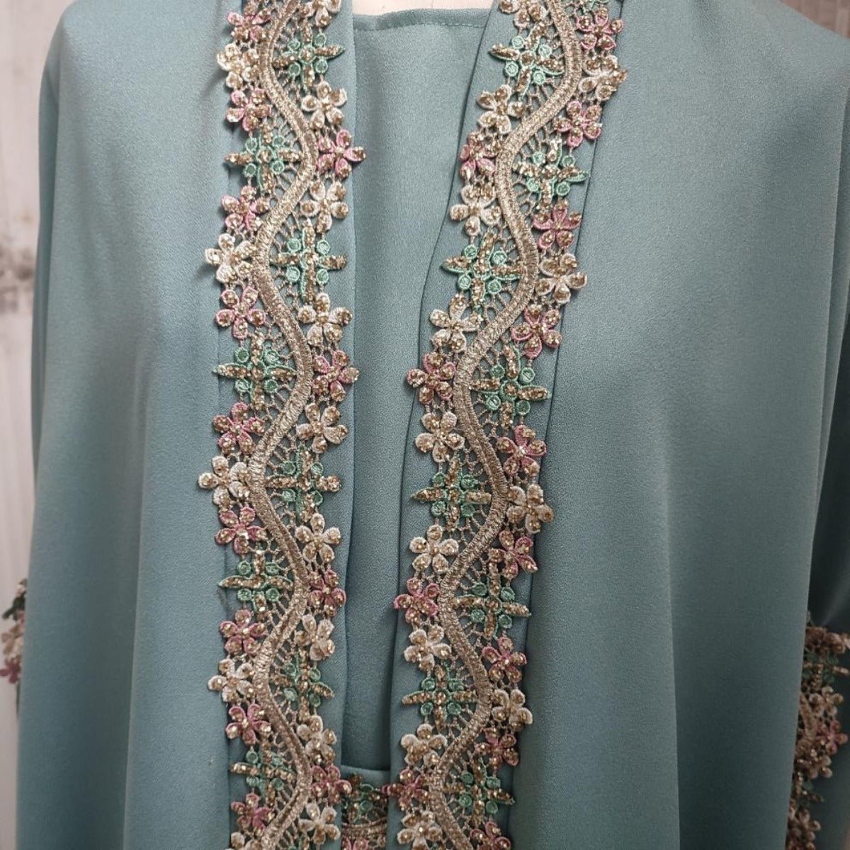 Mint Gold Bell Sleeve Abaya & Robe | Formal Muslim Luxury Two - Piece. (MOA177) - Mariam's Collection