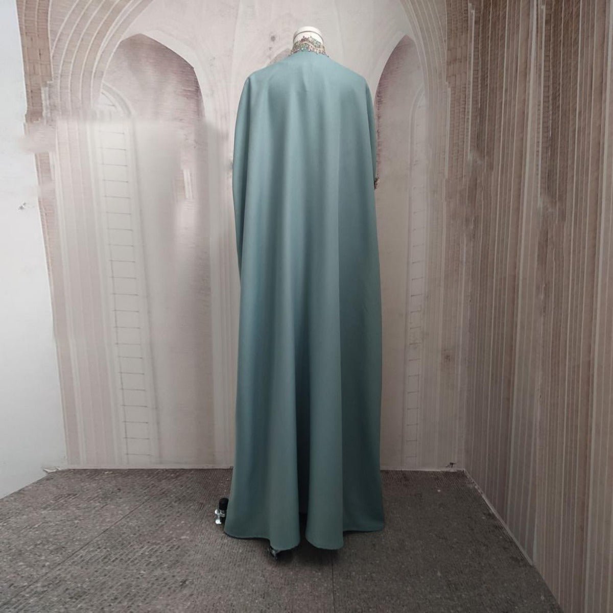 Mint Gold Bell Sleeve Abaya & Robe | Formal Muslim Luxury Two - Piece. (MOA177) - Mariam's Collection