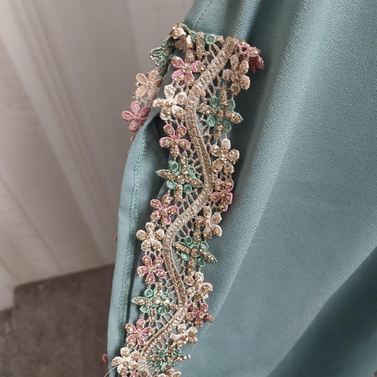 Mint Gold Bell Sleeve Abaya & Robe | Formal Muslim Luxury Two - Piece. (MOA177) - Mariam's Collection