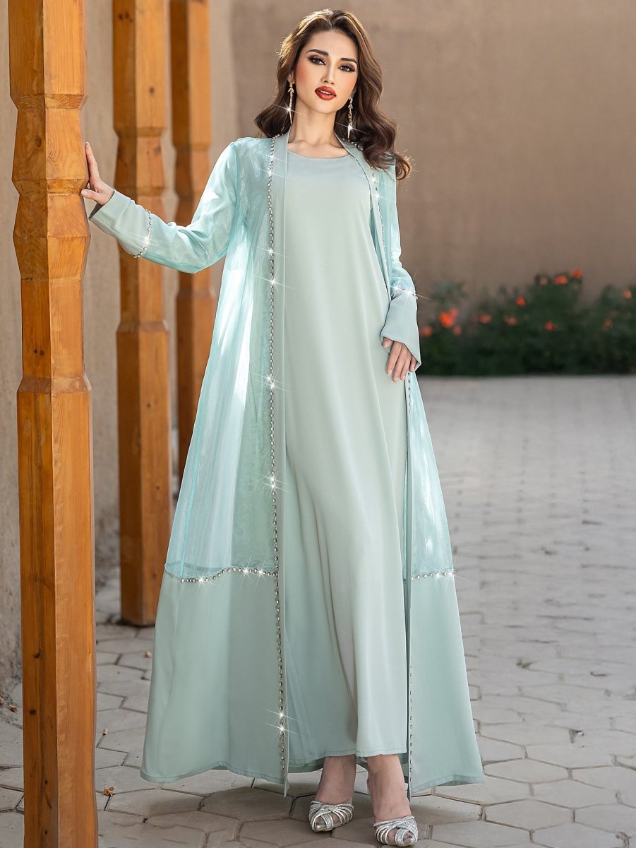 Mint Green Two - Piece Cardigan Dress Diamond - Embellished Cover - Up & Maxi Dress. (MOA151) - Mariam's Collection