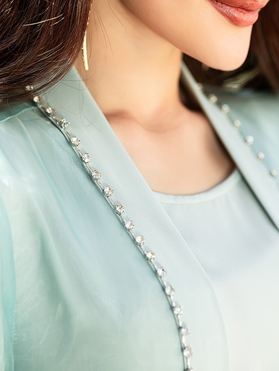 Mint Green Two - Piece Cardigan Dress Diamond - Embellished Cover - Up & Maxi Dress. (MOA151) - Mariam's Collection