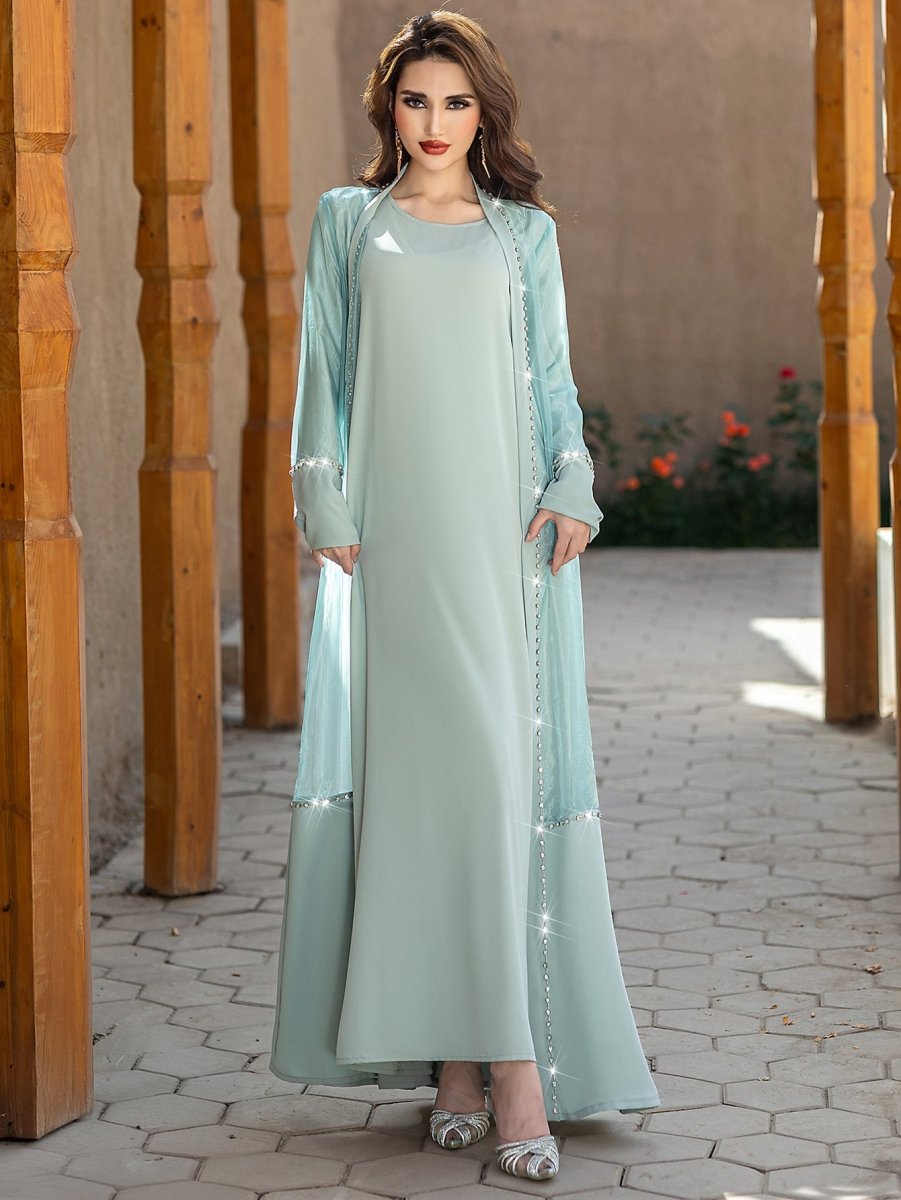 Mint Green Two - Piece Cardigan Dress Diamond - Embellished Cover - Up & Maxi Dress. (MOA151) - Mariam's Collection