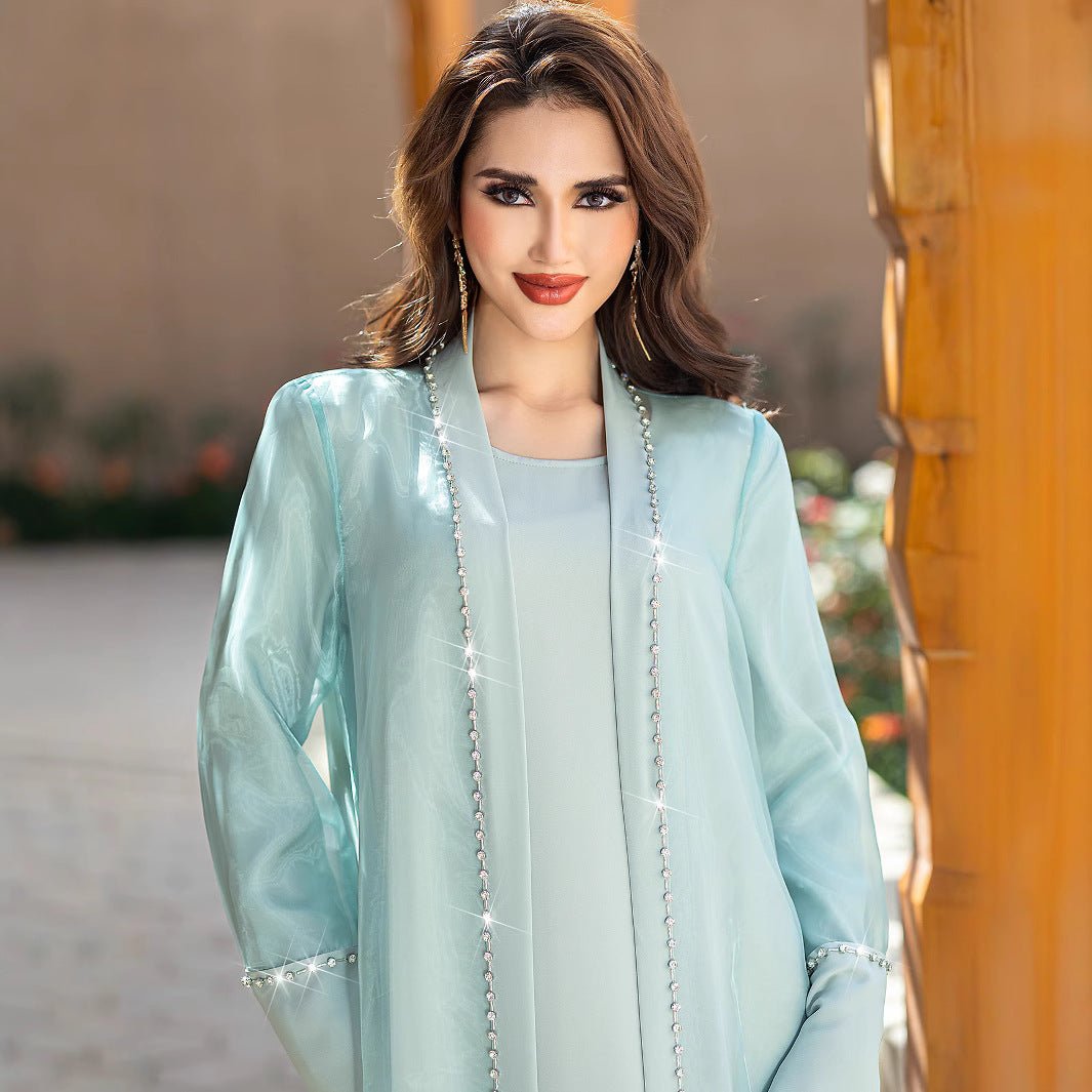 Mint Green Two - Piece Cardigan Dress Diamond - Embellished Cover - Up & Maxi Dress. (MOA151) - Mariam's Collection