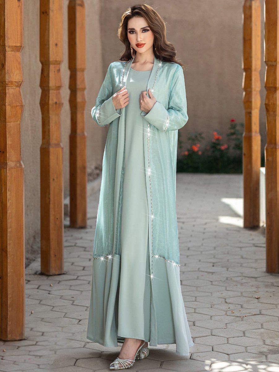 Mint Green Two - Piece Cardigan Dress Diamond - Embellished Cover - Up & Maxi Dress. (MOA151) - Mariam's Collection