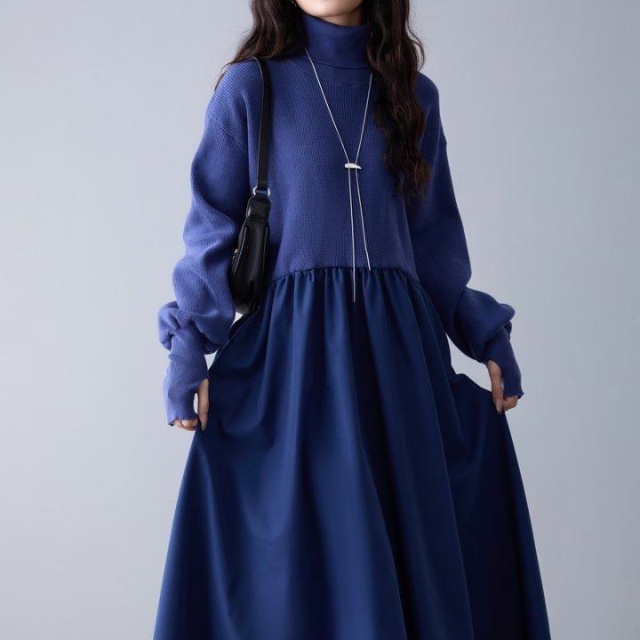 Mixed Media Sweater Dress | Turtleneck Knit & Woven Maxi Dress(MS236) - Mariam's Collection