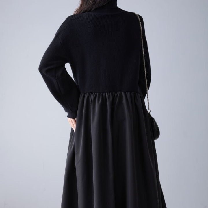 Mixed Media Sweater Dress | Turtleneck Knit & Woven Maxi Dress(MS236) - Mariam's Collection
