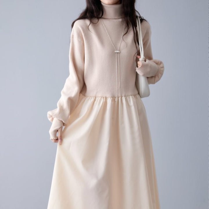 Mixed Media Sweater Dress | Turtleneck Knit & Woven Maxi Dress(MS236) - Mariam's Collection