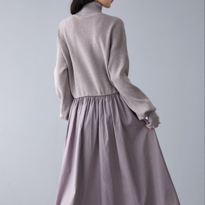 Mixed Media Sweater Dress | Turtleneck Knit & Woven Maxi Dress(MS236) - Mariam's Collection