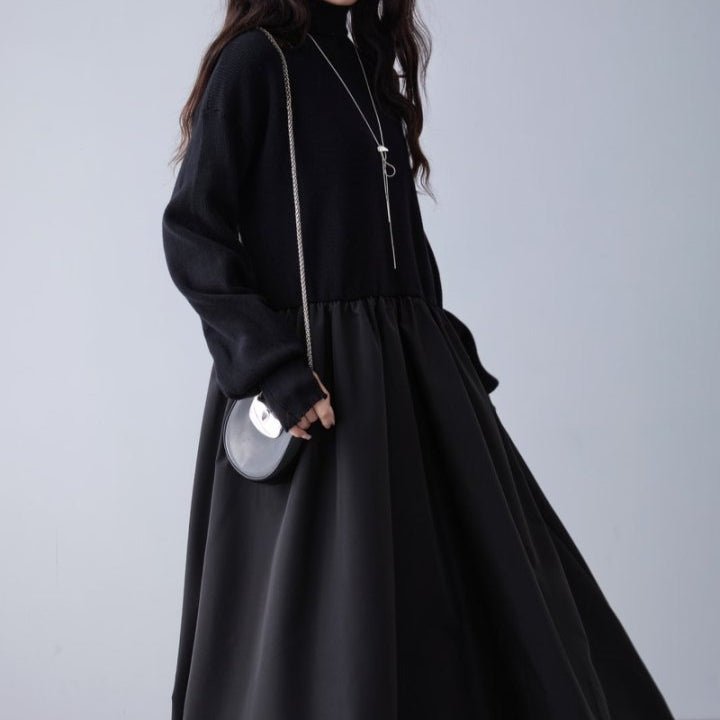Mixed Media Sweater Dress | Turtleneck Knit & Woven Maxi Dress(MS236) - Mariam's Collection