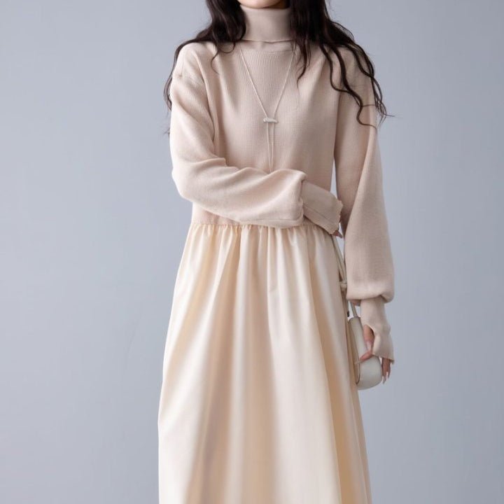 Mixed Media Sweater Dress | Turtleneck Knit & Woven Maxi Dress(MS236) - Mariam's Collection