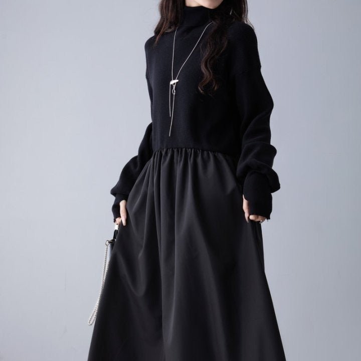 Mixed Media Sweater Dress | Turtleneck Knit & Woven Maxi Dress(MS236) - Mariam's Collection