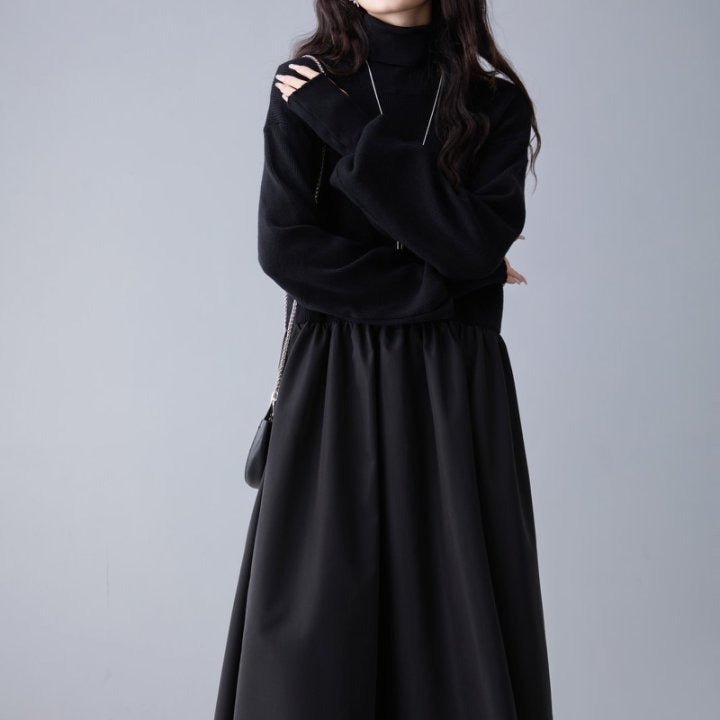 Mixed Media Sweater Dress | Turtleneck Knit & Woven Maxi Dress(MS236) - Mariam's Collection