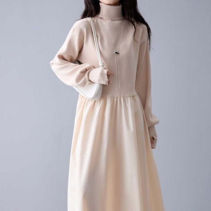 Mixed Media Sweater Dress | Turtleneck Knit & Woven Maxi Dress(MS236) - Mariam's Collection