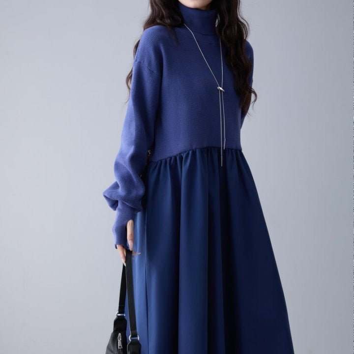 Mixed Media Sweater Dress | Turtleneck Knit & Woven Maxi Dress(MS236) - Mariam's Collection