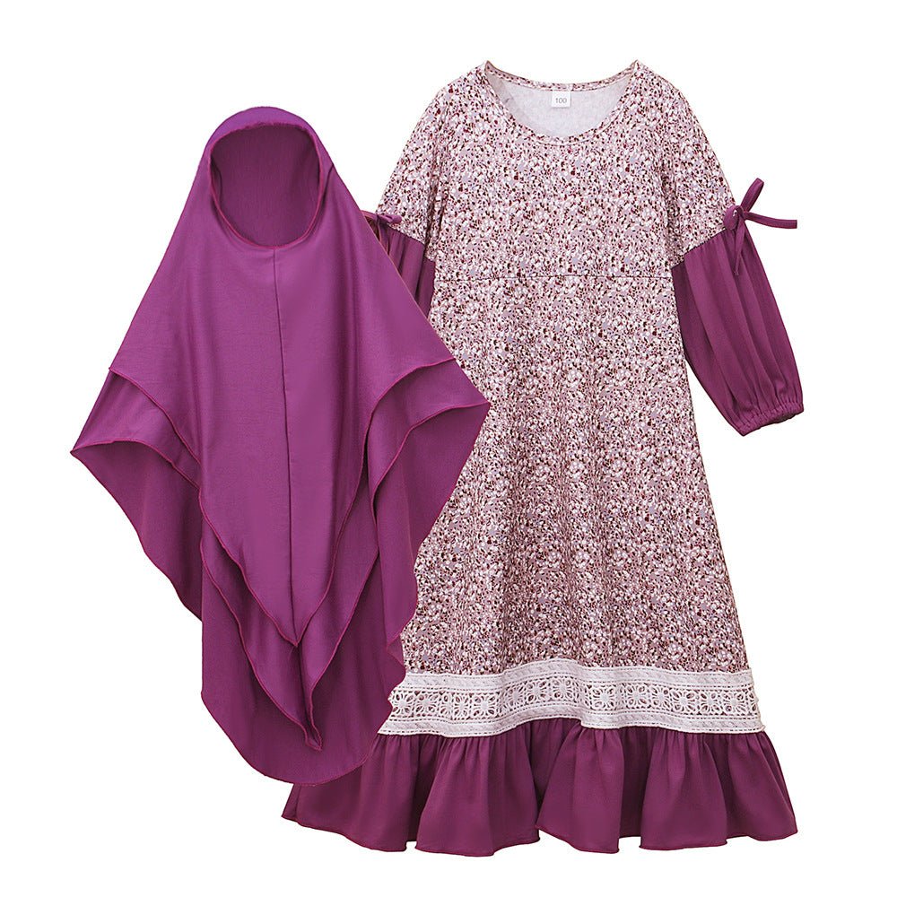 MKG012 Girls Patchwork Floral Abaya 2 - Piece Set - Mariam's Collection