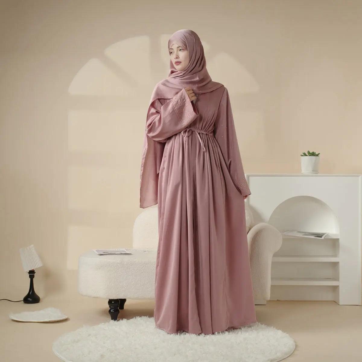 MOA003 Rhinestone Sleeve Pocket Satin Open Abaya - Mariam's Collection