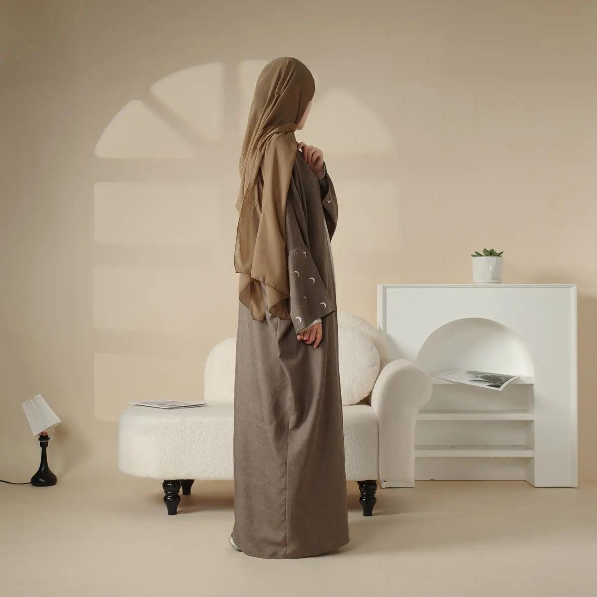 MOA029 Moon Embroidery Open Abaya with Hijab 2-Piece Set - Mariam's Collection