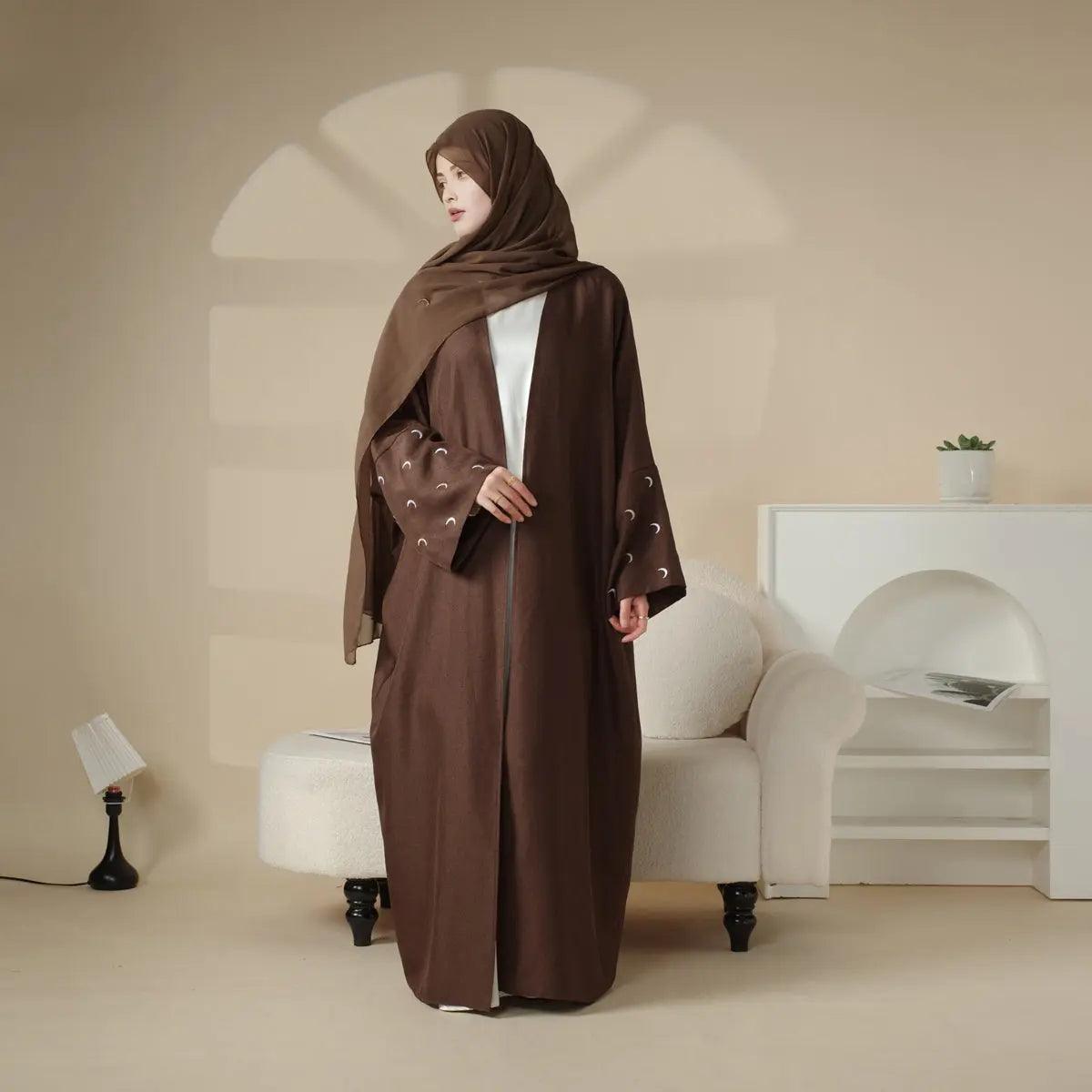 MOA029 Moon Embroidery Open Abaya with Hijab 2-Piece Set - Mariam's Collection