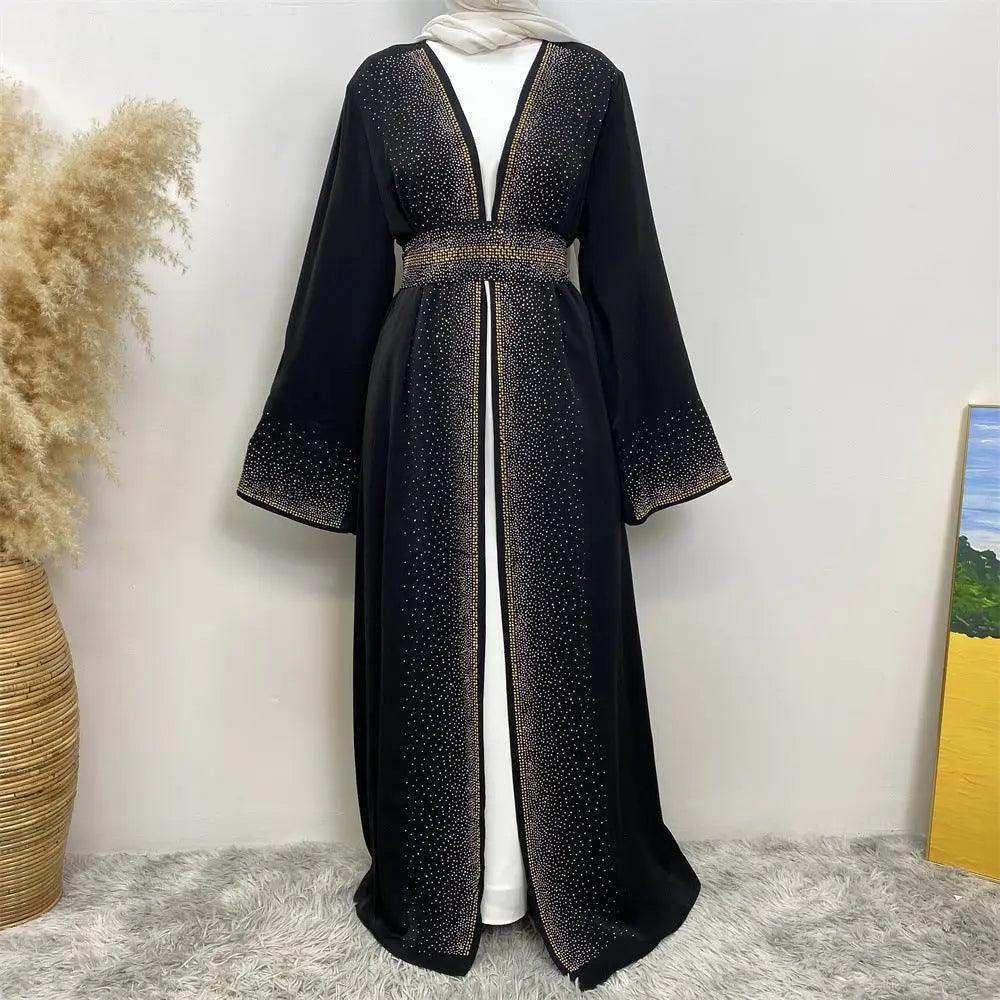 Rhinestones Open Abaya With Side Pockets