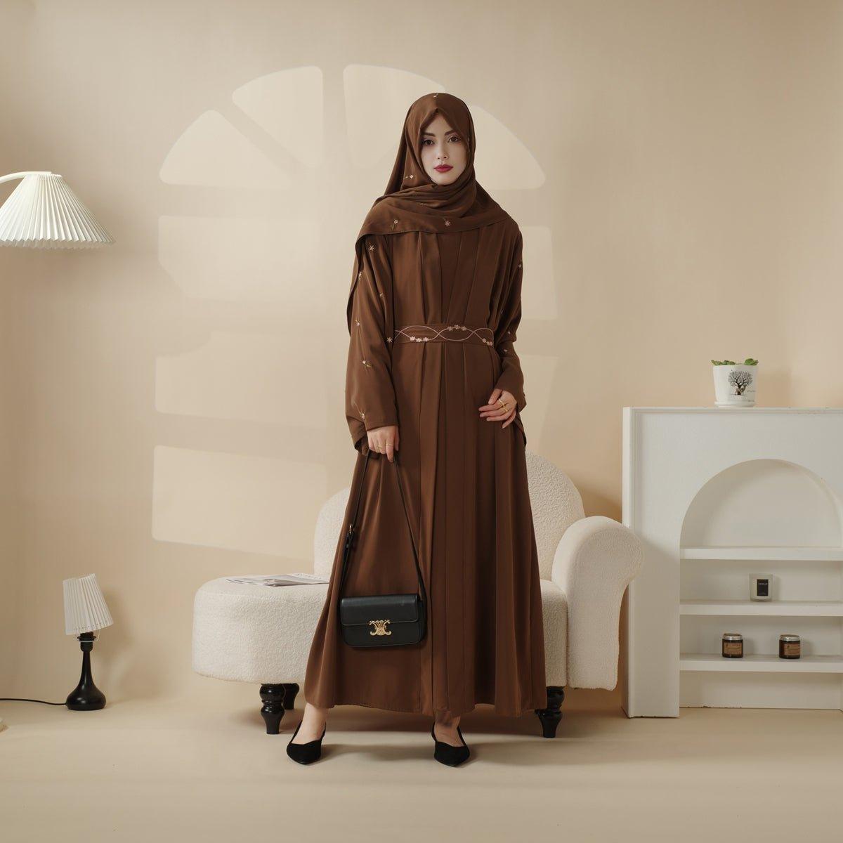 MOA051 Tulip Embroidery Open Abaya 4 - Piece Set - Mariam's Collection