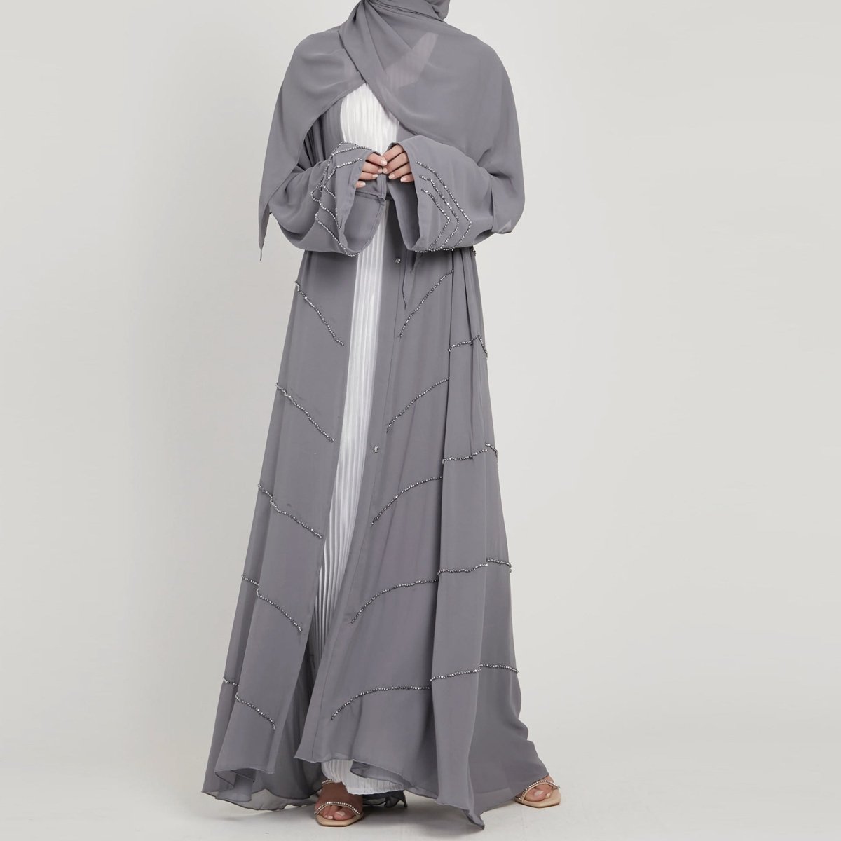 MOA083 Solid Color Rhinestone Embellished Abaya - Mariam's Collection