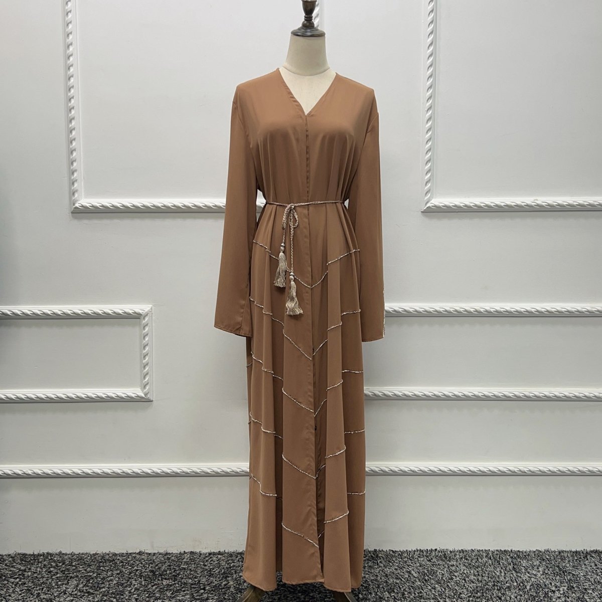 MOA083 Solid Color Rhinestone Embellished Abaya - Mariam's Collection