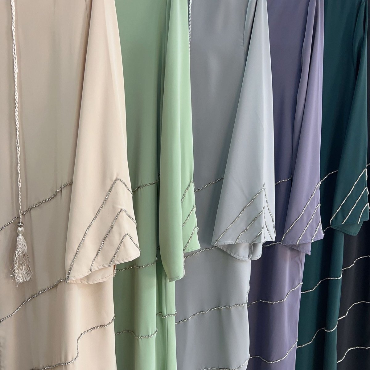 MOA083 Solid Color Rhinestone Embellished Abaya - Mariam's Collection