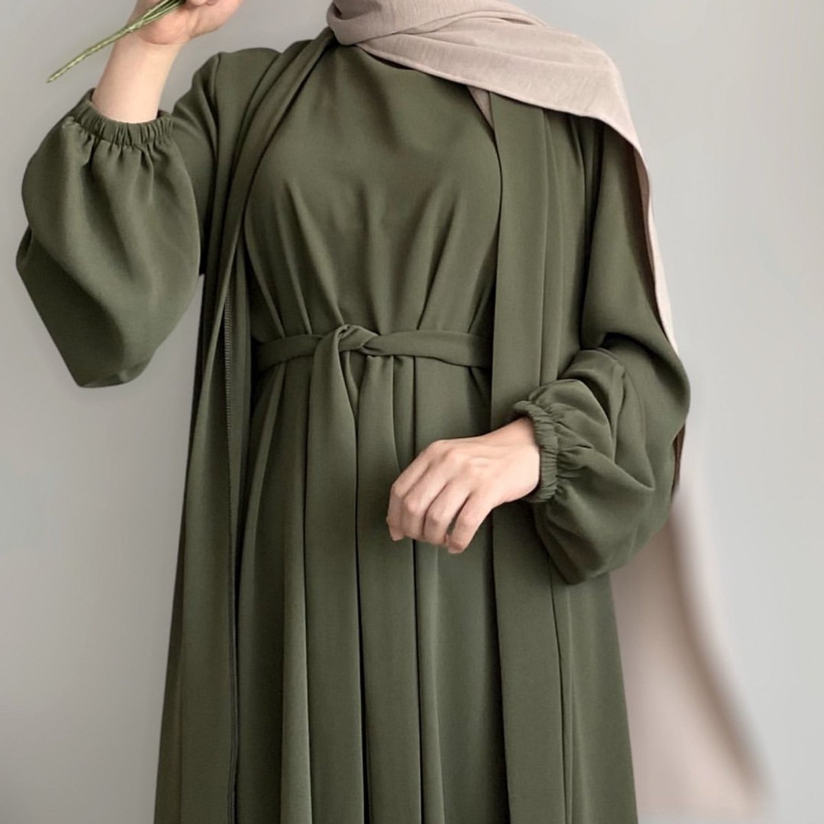 Solid Color Elegant Open Abaya with Pockets | 3-Piece Set Open Abaya