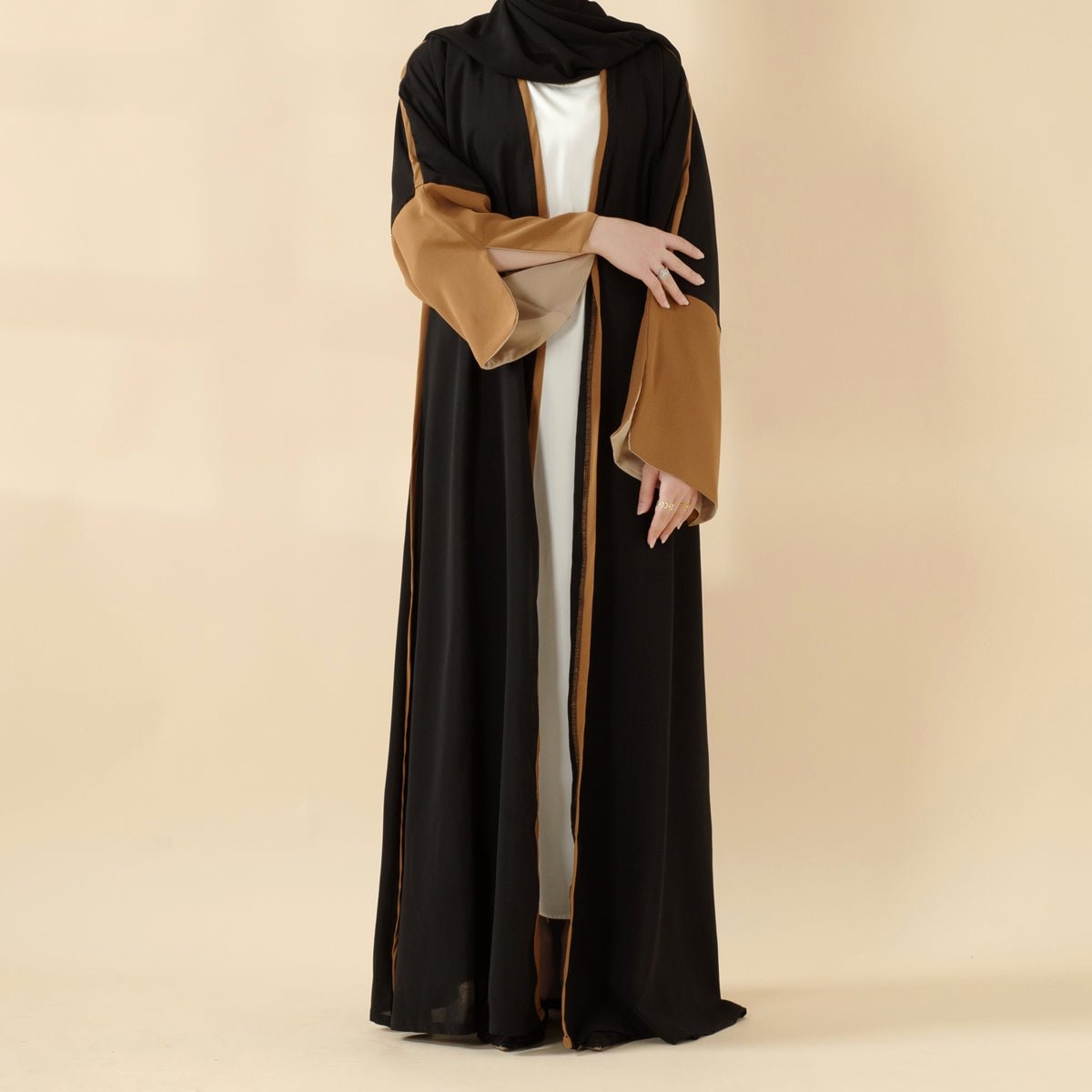 Modern Contrast - Trim Slit Sleeves Open Abaya (MOA129) - Mariam's Collection