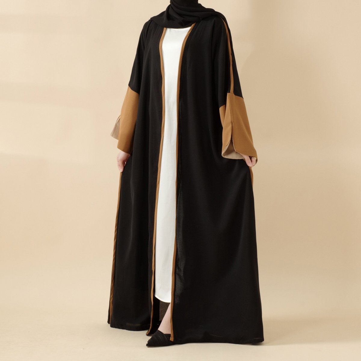 Modern Contrast - Trim Slit Sleeves Open Abaya (MOA129) - Mariam's Collection