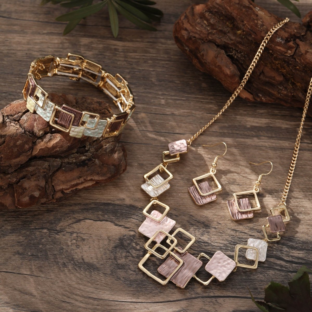 Modernist Geometric Square Earrings Bracelet Necklace Set (MAC318) - Mariam's Collection