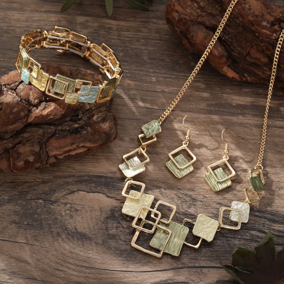 Modernist Geometric Square Earrings Bracelet Necklace Set (MAC318) - Mariam's Collection