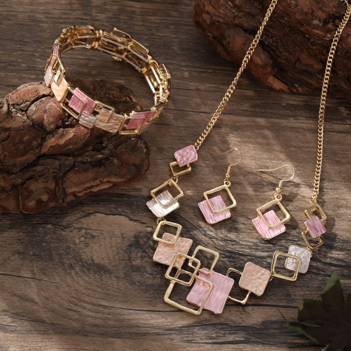 Modernist Geometric Square Earrings Bracelet Necklace Set (MAC318) - Mariam's Collection