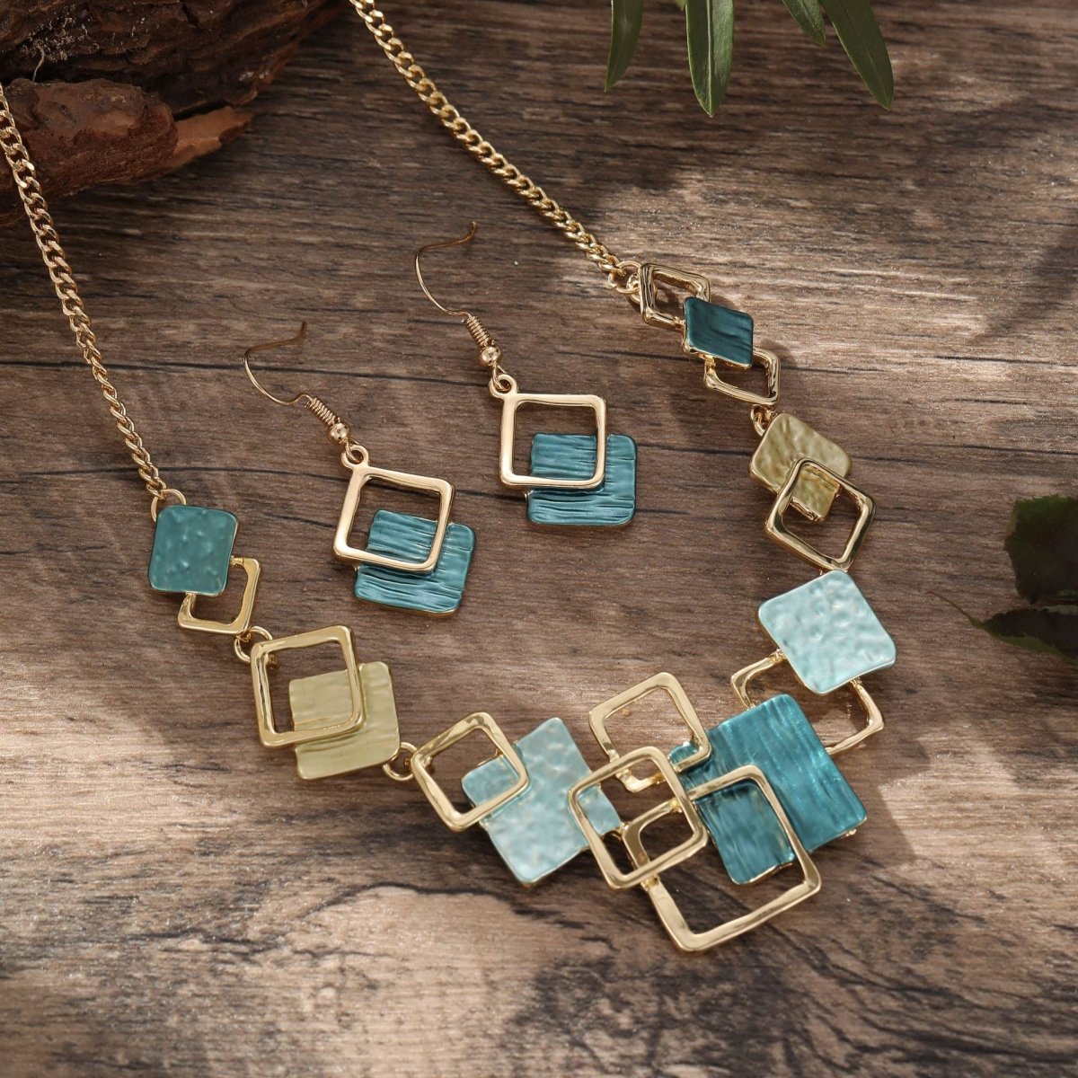 Modernist Geometric Square Earrings Bracelet Necklace Set (MAC318) - Mariam's Collection