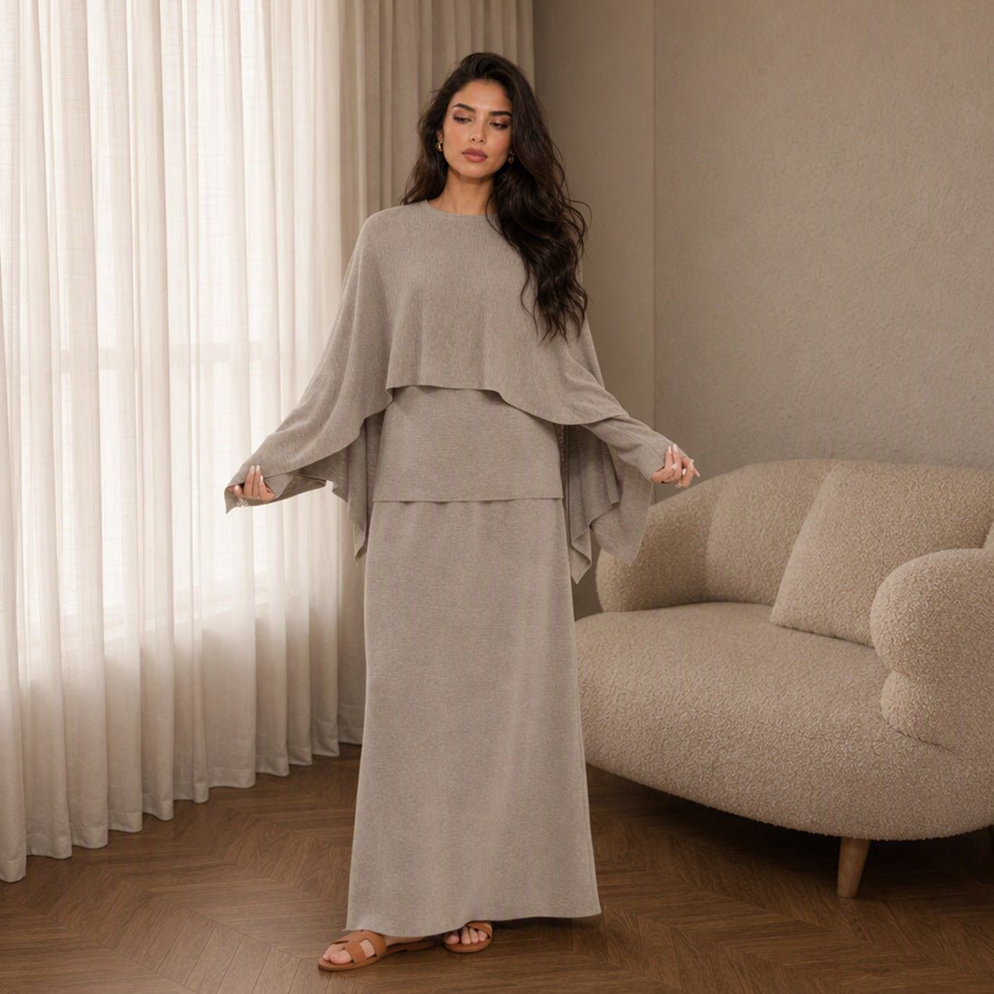 Modest Cape Knit Top & Maxi Skirt Set(MS537) - Mariam's Collection