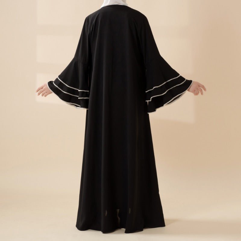 Modest Cardigan Black Robe Beaded Cuff Abaya with Layered Sleeves Elegant Design.(MOA136) - Mariam's Collection