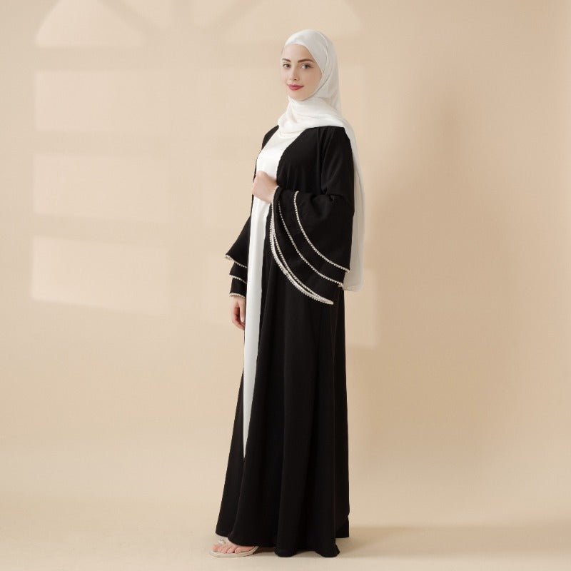 Modest Cardigan Black Robe Beaded Cuff Abaya with Layered Sleeves Elegant Design.(MOA136) - Mariam's Collection