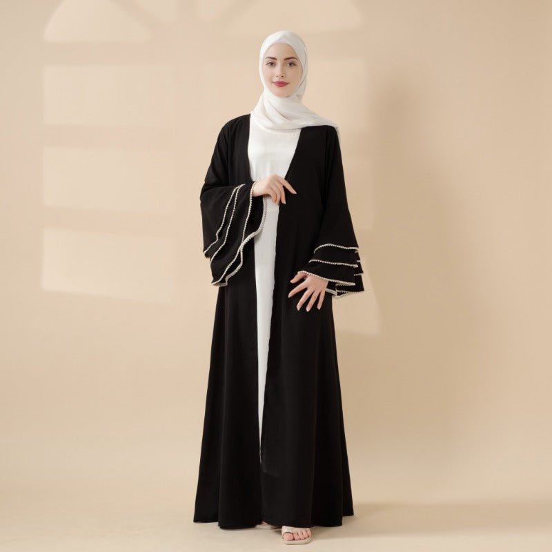 Modest Cardigan Black Robe Beaded Cuff Abaya with Layered Sleeves Elegant Design.(MOA136) - Mariam's Collection