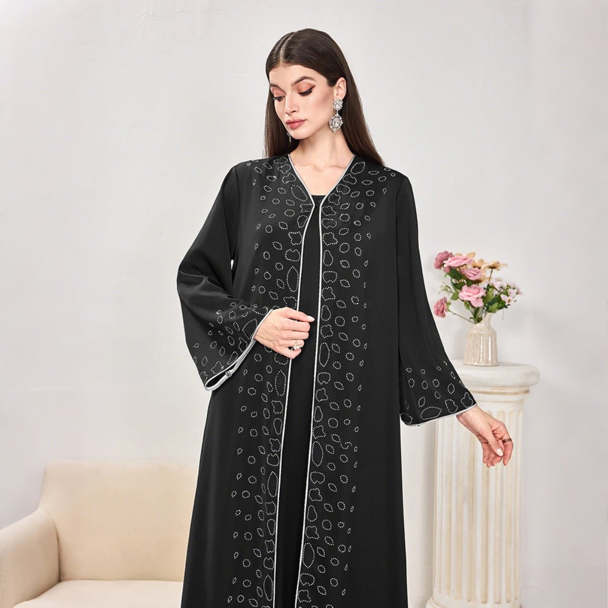 Modest Casual Black Diamond Embellished Loose Dress Abaya(MOA207) - Mariam's Collection